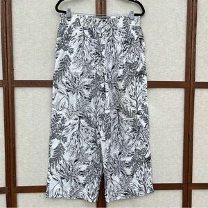 Tahari Black and White Botanical Linen Elastic Waist Wide Leg Pants - L